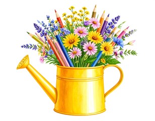 Colorful pencils and flowers in a gold watering can