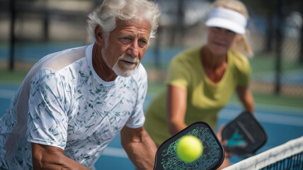 Senior players engaged in a focused game of paddle tennis on a sunny day