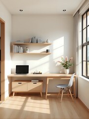 neutral japandi studio interior, minimalist design, 3d space-saving furniture, geometric mural wall, warm light, compact modern living