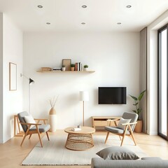 neutral japandi studio interior, minimalist design, 3d space-saving furniture, geometric mural wall, warm light, compact modern living