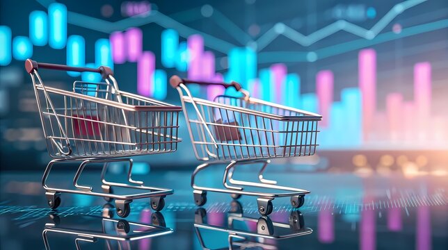 Shopping Carts with Financial Graphs in Background-Two empty shopping carts are placed on a glossy surface with colorful financial charts behind, representing retail sales and market trends.