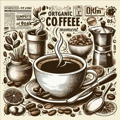 Organic collage style coffee moment Hand drawn coffee cup beans newspaper textures casual layout