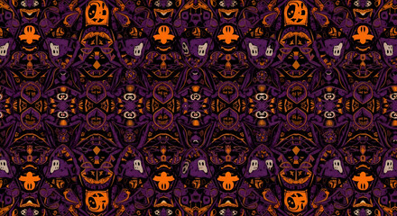 A decorative, symmetrical Halloween pattern in purple and orange, featuring stylized ghosts, pumpkins, and spooky motifs.