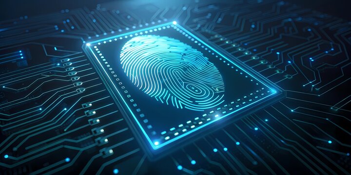 Digital Fingerprint on Glowing Microchip Circuit-A glowing fingerprint is embedded in a futuristic microchip, symbolizing cybersecurity, digital identity, and biometric technology.