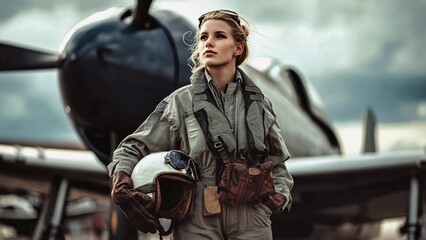 Fototapeta premium Confident female pilot stands in front of a vintage airplane, holding her helmet and wearing a flight suit, exuding strength and determination against a dramatic sky