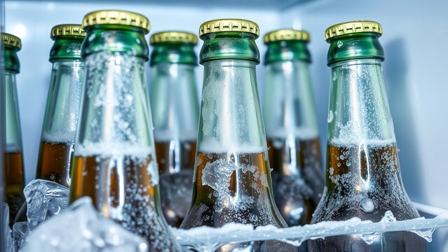 Close-up of cold beer bottles with condensation on the glass. The atmosphere of an evening in a bar, relaxation and coolness. Ideal for menu design and promotional materials.