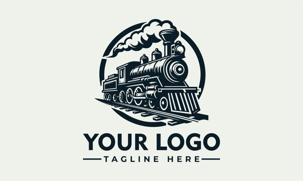Vintage steam train locomotive with smoke, inside a circle, on tracks.