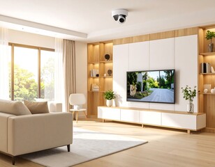 Modern living room with security camera offering smart home protection concept