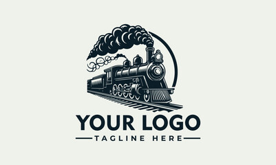 Vintage steam locomotive logo design, encircled, emitting smoke,  