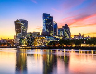 London skyline at sunset, reflected in river. Skyscrapers, illuminated buildings, vibrant colors of twilight, calm river