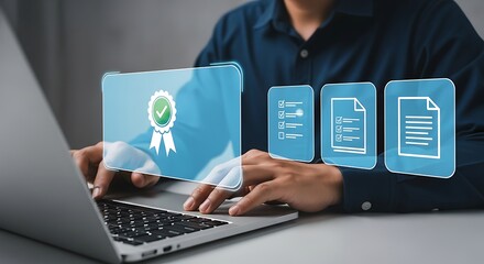 Man typing on laptop quality seal icon document icons displayed representing quality control assurance and digital