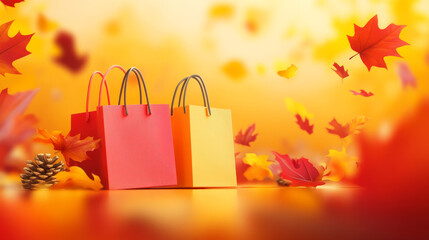 Realistic 3D banner design with shopping bags and autumn leaves in red and yellow tones, perfect for Thanksgiving promotions and sale events, with copy space included.