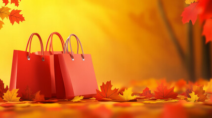Realistic 3D banner design with shopping bags and autumn leaves in red and yellow tones, perfect for Thanksgiving promotions and sale events, with copy space included.