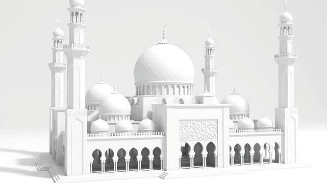 White mosque model with domes minarets and arches set against a plain background