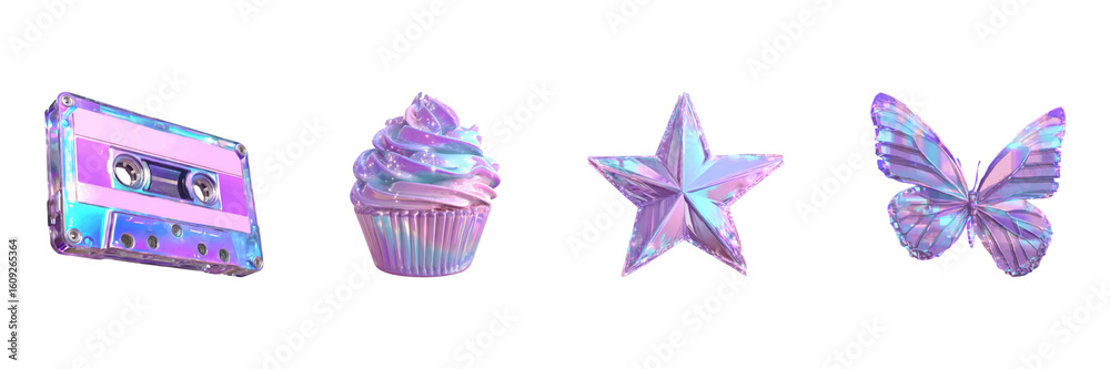 Poster holographic objects set. retro aesthetic and fantasy elements collection isolated on transparent bac