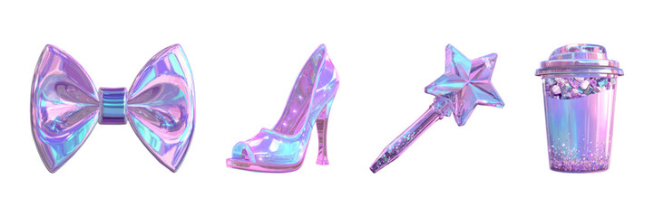 Holographic Fashion Accessories Set. Iridescent Style And Glamour Collection Isolated On Transparent Background