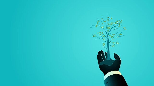 Financial Growth Animation. Businessman holding money tree with bar chart, symbolizes investment growth, ROI, passive income, and financial success.