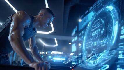 Sweaty sportsman is running on a treadmill in a modern gym, monitoring his performance data on a futuristic virtual screen displaying various metrics and visualizations