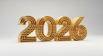 Golden Metallic 2026 Numbers on a White Background, Decorative Objects, Shiny Surface