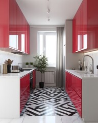 stylish kitchen with bright red cabinets and white glossy surfaces, bold geometric tiles, cinematic lighting, pop art realism