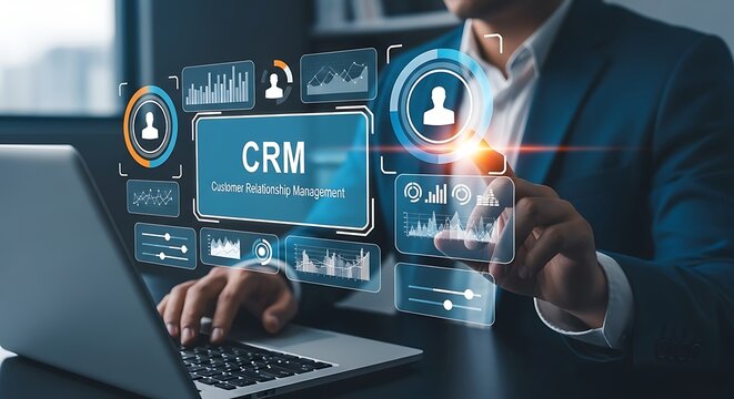 Man Utilizing CRM Software on Laptop Exploring Customer Data with Interactive Touch Interface for Enhanced Customer