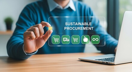 Sustainable Procurement Man with chip and laptop shows green supply chain ecological business and responsible sourcing
