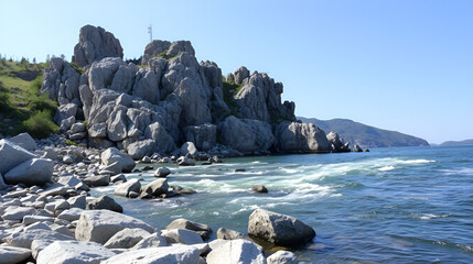 Russia. Chita region. Coastal rocks on the Burkal River, whose fast waters tend to the Selenga River and further into Lake Baikal.