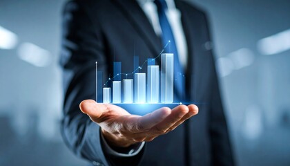 Business wallpaper with a translucent 3D graph shape on the hand of a man in a suit