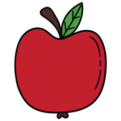 Hand-drawn cartoon red apple with green leaf on a white background.