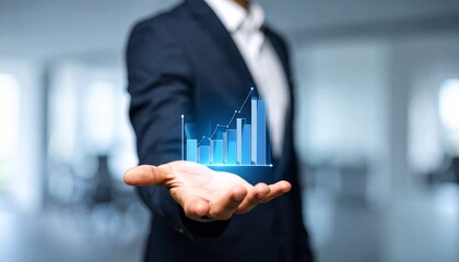 Business wallpaper with a translucent 3D graph shape on the hand of a man in a suit