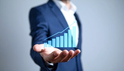 Business wallpaper with a translucent 3D graph shape on the hand of a man in a suit