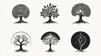 Set of tree logo icons featuring garden plants and natural symbols, including a tree of life branch with leaves, designed as a business sign collection. Vector illustration.

