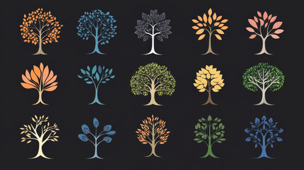 Set of tree logo icons featuring garden plants and natural symbols, including a tree of life branch with leaves, designed as a business sign collection. Vector illustration.

