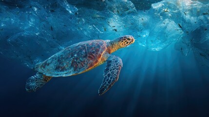 Obraz premium Ocean Turtle Endangered by Plastic Pollution