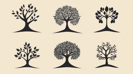 Set of tree logo icons featuring garden plants and natural symbols, including a tree of life branch with leaves, designed as a business sign collection. Vector illustration.

