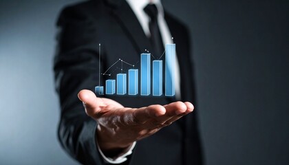 Business wallpaper with a translucent 3D graph shape on the hand of a man in a suit