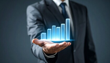Business wallpaper with a translucent 3D graph shape on the hand of a man in a suit