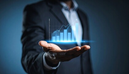 Business wallpaper with a translucent 3D graph shape on the hand of a man in a suit