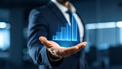 Business wallpaper with a translucent 3D graph shape on the hand of a man in a suit