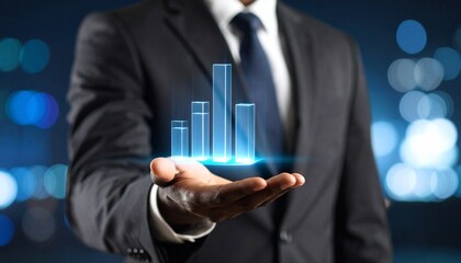 Business wallpaper with a translucent 3D graph shape on the hand of a man in a suit