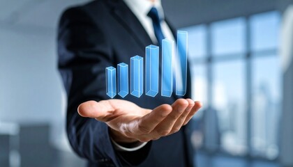 Business wallpaper with a translucent 3D graph shape on the hand of a man in a suit