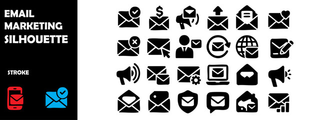 EMAIL MARKETING Icons Silhouette Vector Set – Campaign, Newsletter and Digital Outreach Symbols