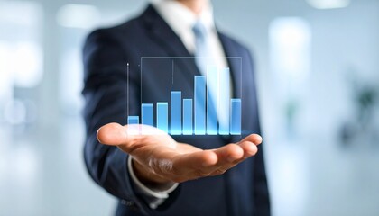 Business wallpaper with a translucent 3D graph shape on the hand of a man in a suit