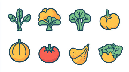 Minimal thin-line web icon set featuring vegetarian and vegetable-themed vector illustrations, including tomato, cucumber, kohlrabi, cauliflower, pattypan squash, and fiddleheads.