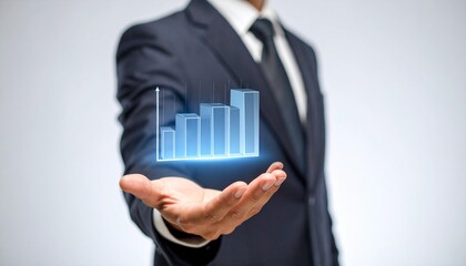 Business wallpaper with a translucent 3D graph shape on the hand of a man in a suit