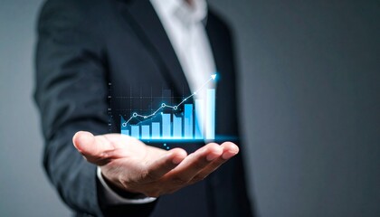 Business wallpaper with a translucent 3D graph shape on the hand of a man in a suit