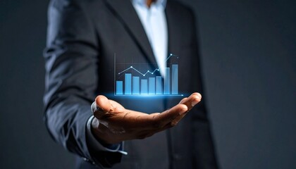 Business wallpaper with a translucent 3D graph shape on the hand of a man in a suit