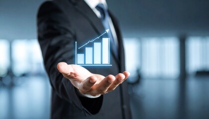 Business wallpaper with a translucent 3D graph shape on the hand of a man in a suit