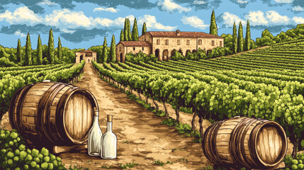 Illustration of a vineyard and winery farm with farmhouse villa, wine barrels, white wine bottles, and grapevine pruning, presented as a hand-drawn vector poster.

