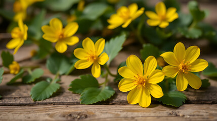 Celandine with beautiful yellow flowers on wooden table, closeup